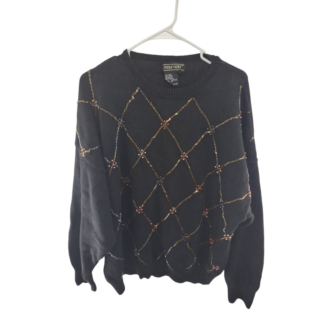 Vintage Maurada Beaded Sweater XL Classic 80s‎ Casual Preppy
